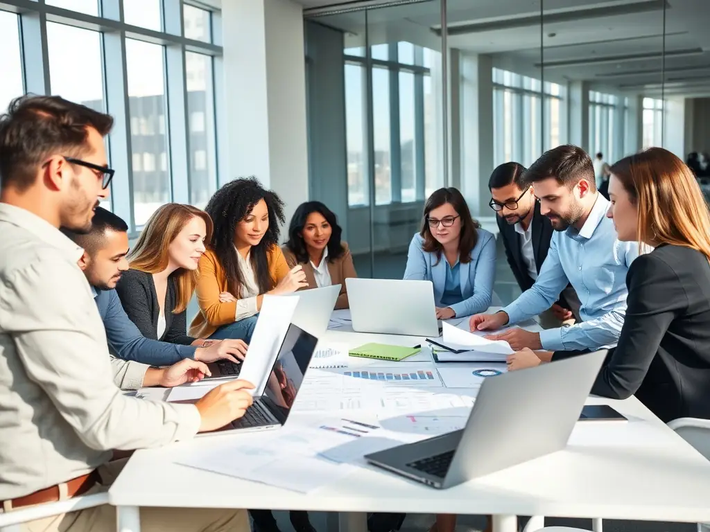 Consultants discussing strategic plans and analyzing market data in a modern office.