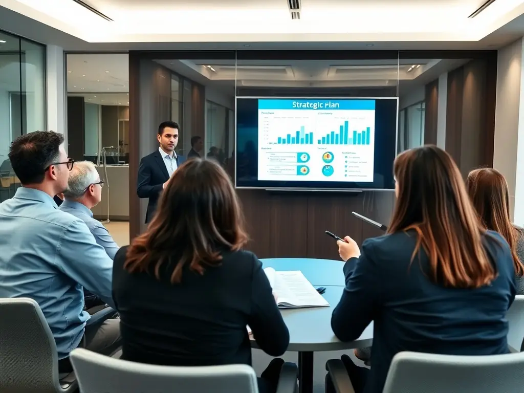A consultant presenting a strategic plan to business executives.