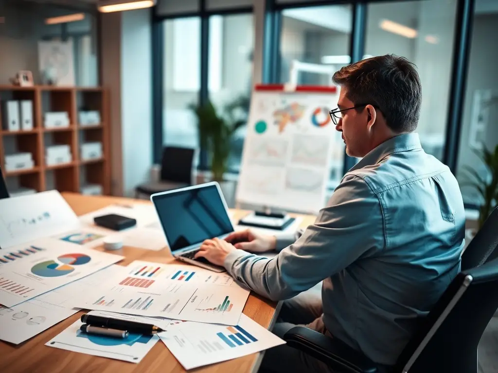 A consultant optimizing business processes on a laptop with flowcharts.