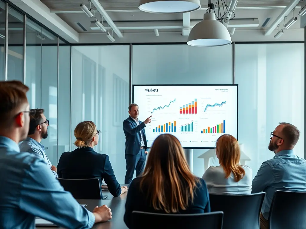 A consultant presenting market analysis data to business professionals.