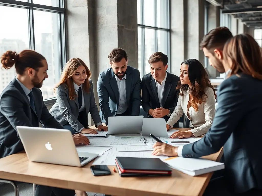 A diverse team of consultants collaborating in a modern office.